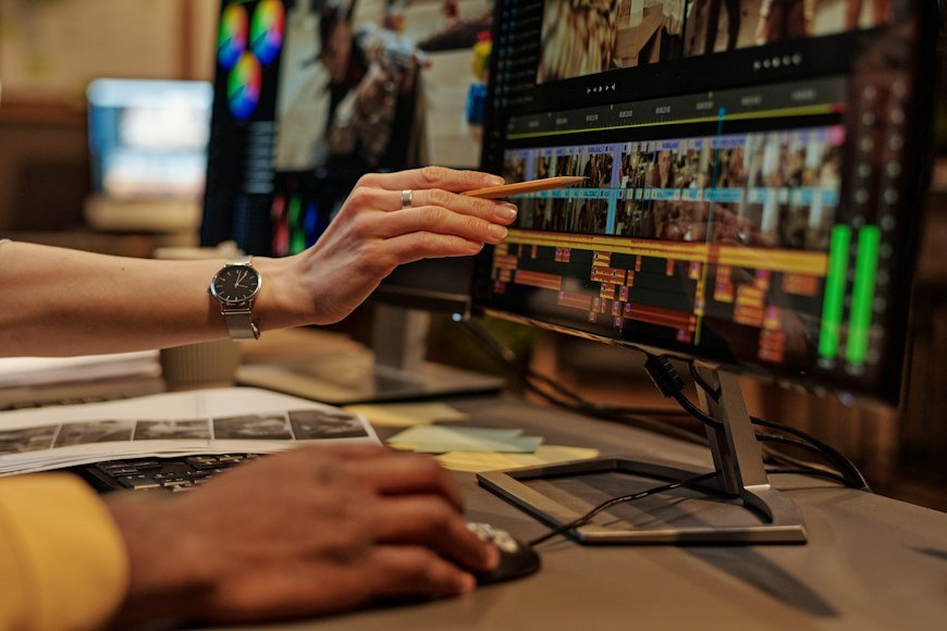 Video editing timeline with captions and motion graphics